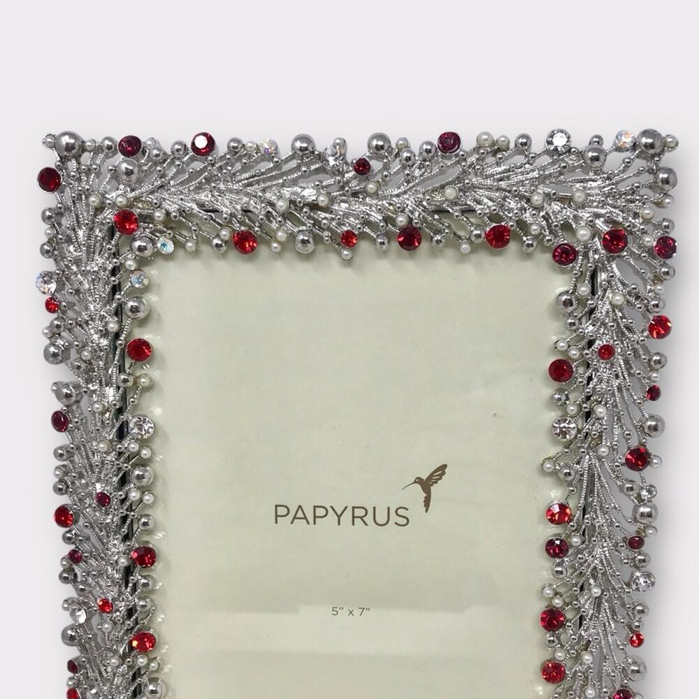 Papyrus NWT Photo Frame 5x7 Silver and Fuchsia Red White & Faux Pearl Gemstone - Picture 3 of 7